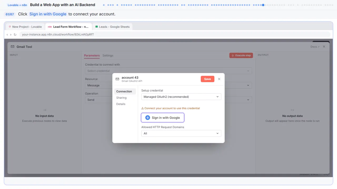 Gmail in Stepthrough’s practice copy, step 61 of 87 (Sign in with Google): the cursor is on “Sign in with Google”, highlighted.