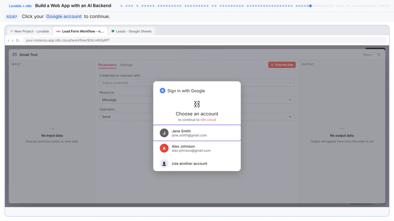 Gmail in Stepthrough’s practice copy, step 62 of 87 (Choose your account): the cursor is on “Google account”, highlighted.