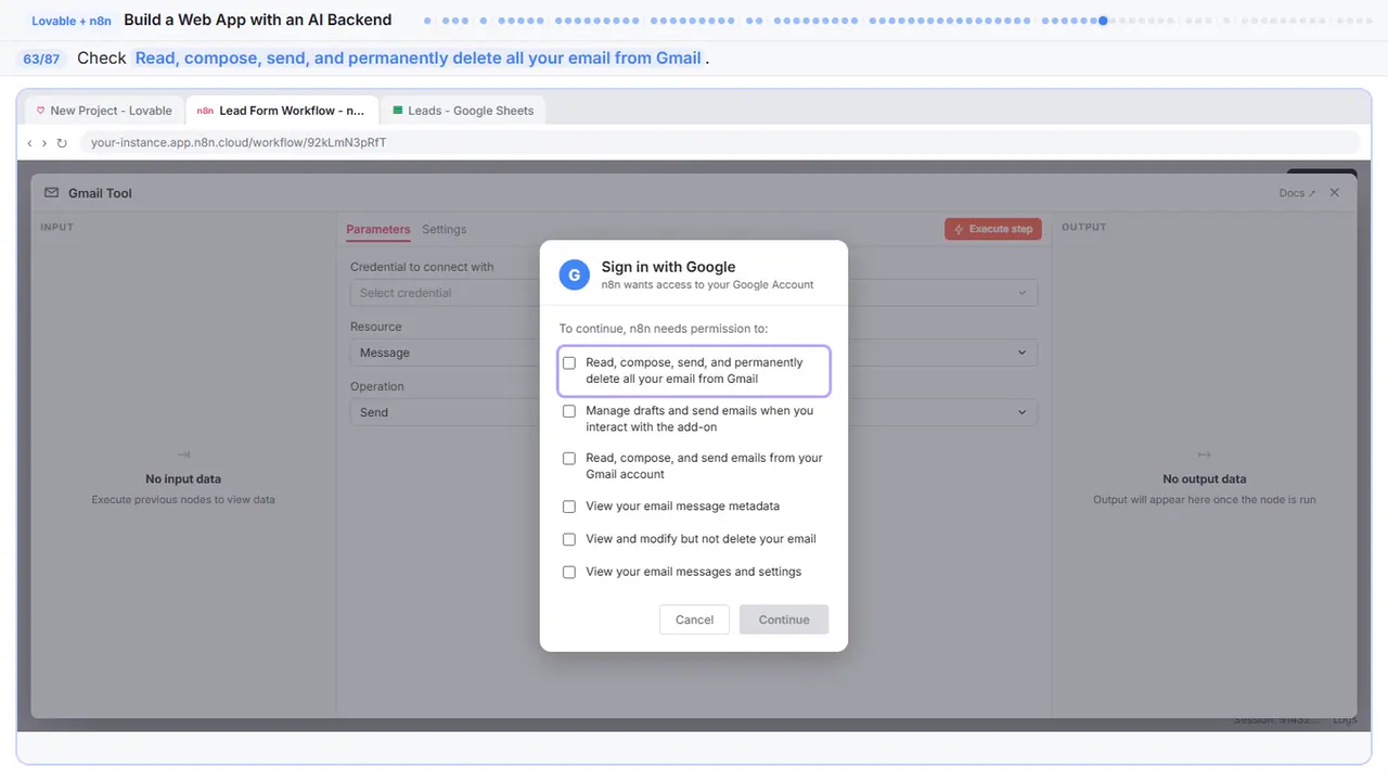 Gmail in Stepthrough’s practice copy, step 63 of 87 (Allow email access): the cursor is on “Read, compose, send, and permanently delete all your email…”, highlighted.