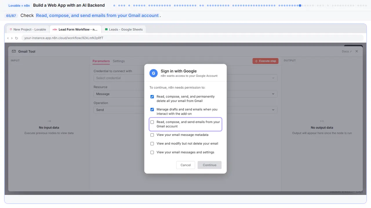 Gmail in Stepthrough’s practice copy, step 65 of 87 (Allow compose): the cursor is on “Read, compose, and send emails from your Gmail account”, highlighted.