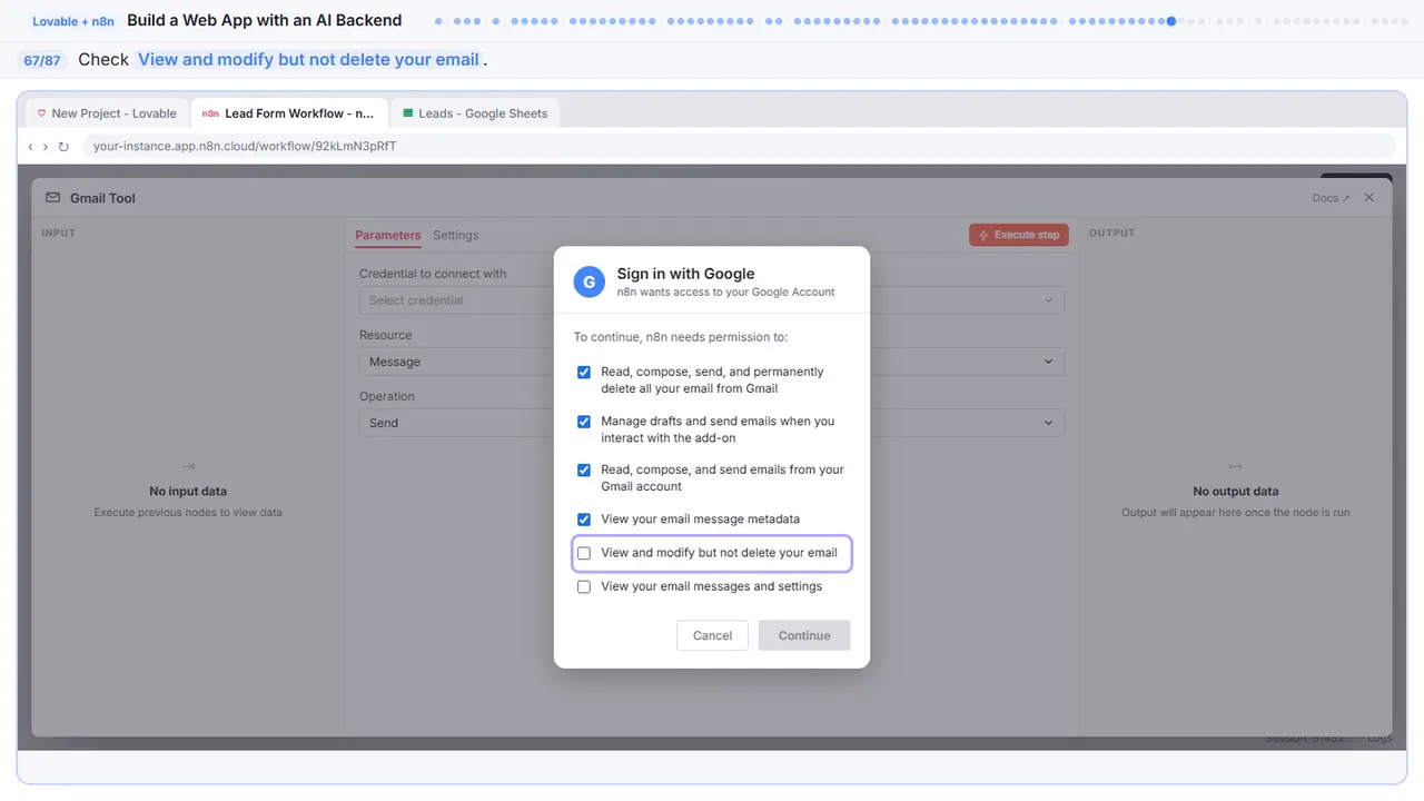 Gmail in Stepthrough’s practice copy, step 67 of 87 (Allow modify): the cursor is on “View and modify but not delete your email”, highlighted.