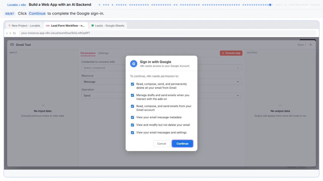 Gmail in Stepthrough’s practice copy, step 69 of 87 (Sign in): the cursor is on “Continue”, highlighted.