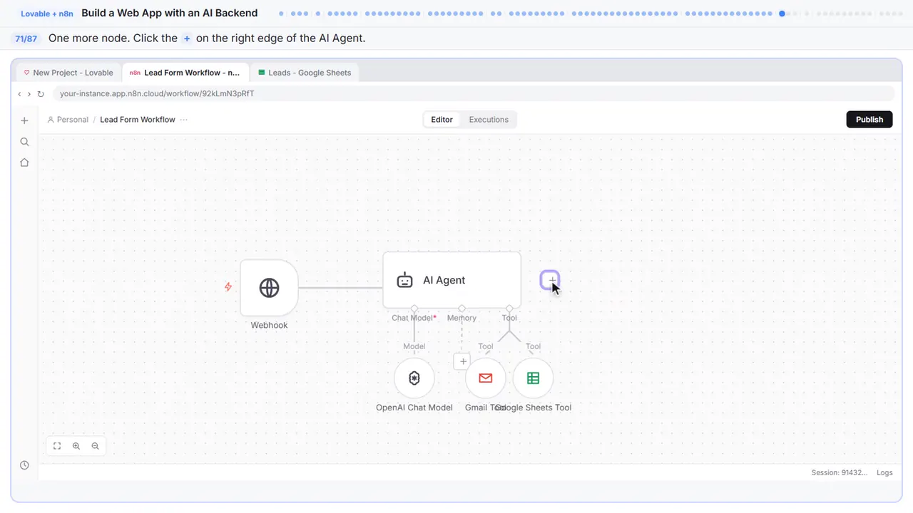 The n8n workflow canvas in Stepthrough’s practice copy, step 71 of 87 (Add the respond node): the cursor is on “+”, highlighted.