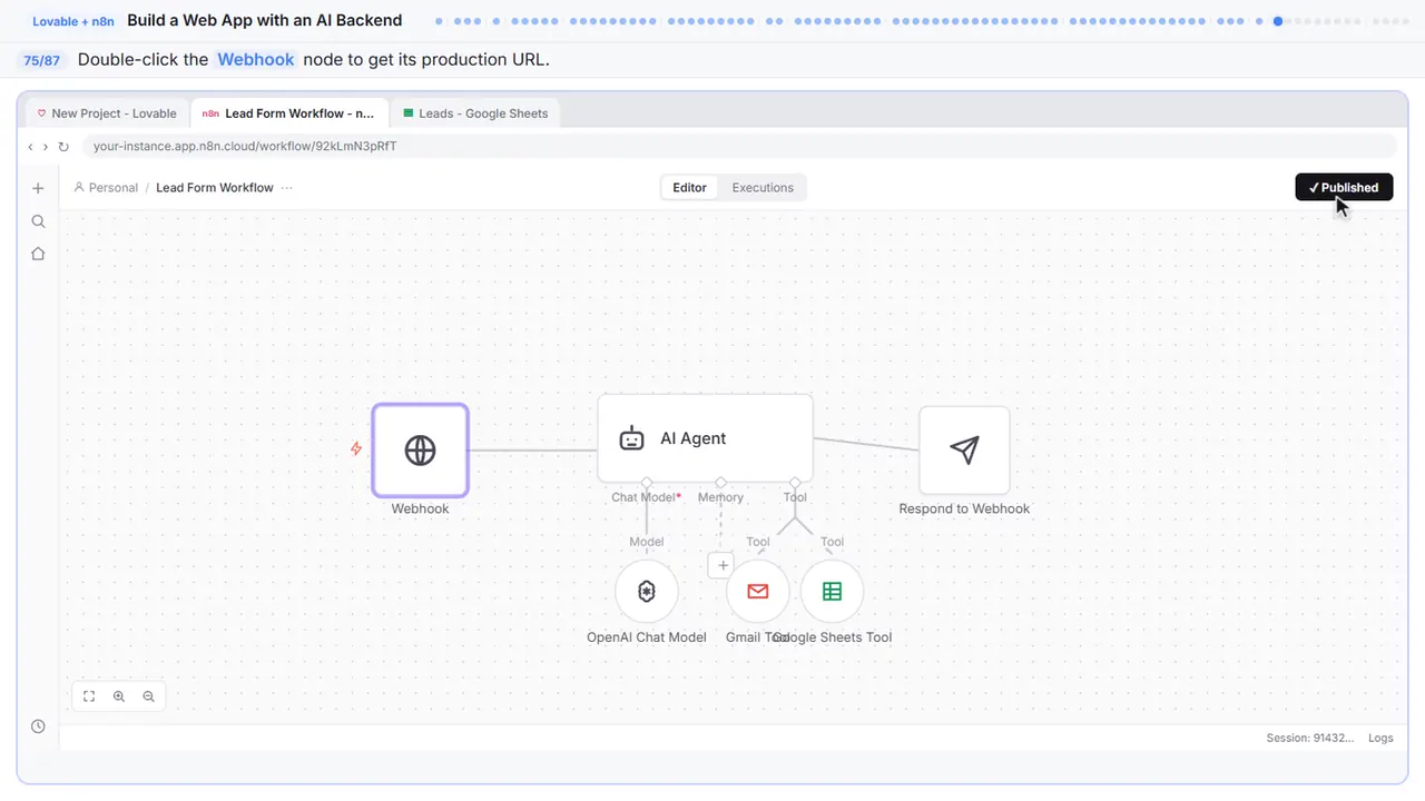 The n8n workflow canvas in Stepthrough’s practice copy, step 75 of 87 (Open the webhook): the cursor is on “Webhook”, highlighted.
