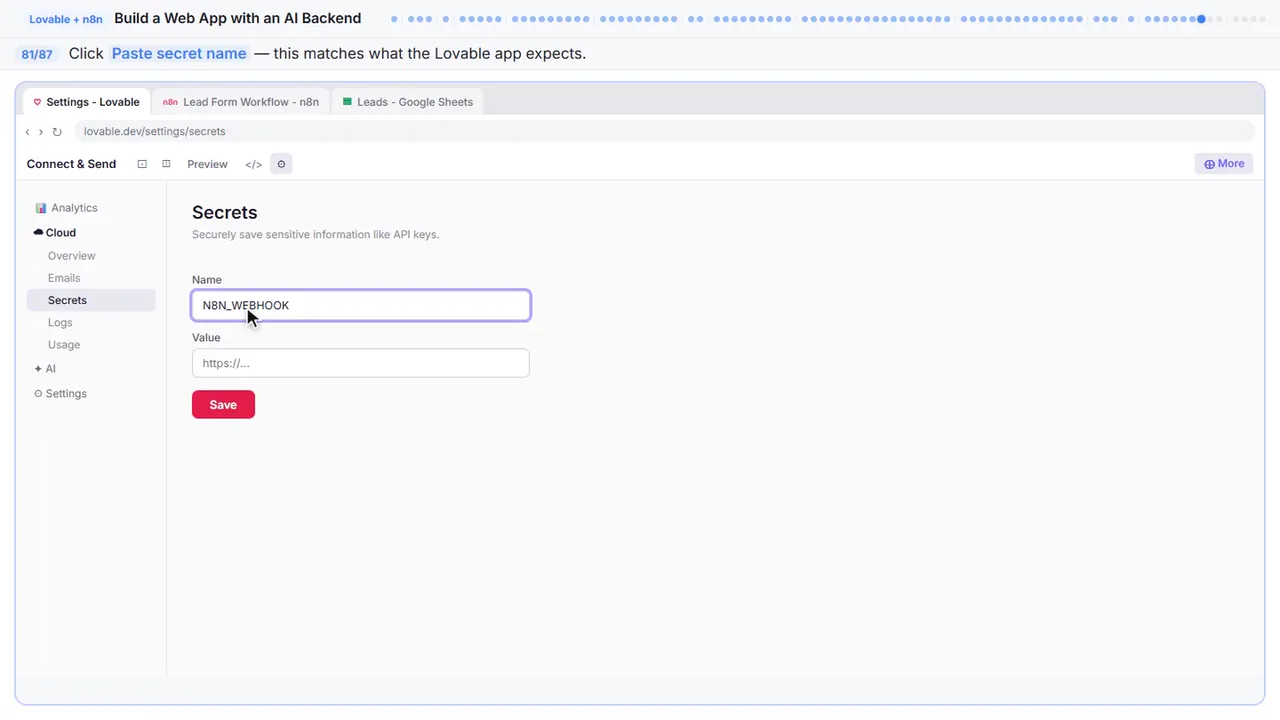 Lovable’s secrets settings in Stepthrough’s practice copy, step 81 of 87 (Name the secret): the secret name is filled in (“N8N_WEBHOOK_URL”).