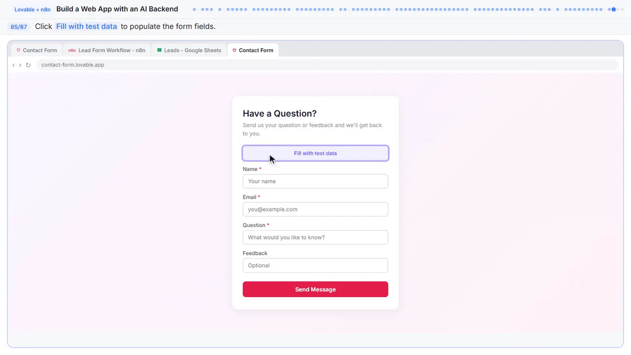The Lovable app preview in Stepthrough’s practice copy, step 85 of 87 (Fill the form): the cursor is on “Fill with test data”, highlighted.