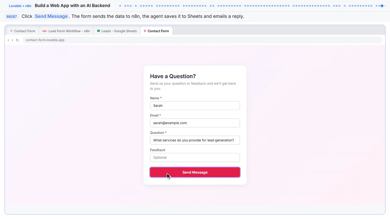The Lovable app preview in Stepthrough’s practice copy, step 86 of 87 (Submit the form): the cursor is on “Send Message”, highlighted.