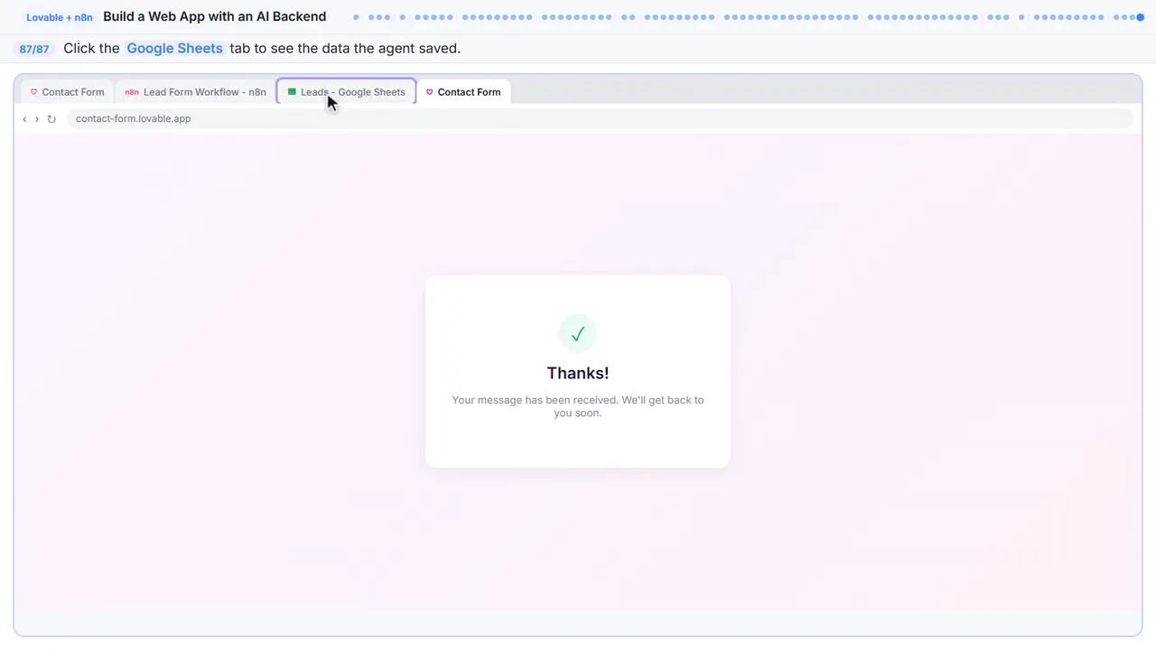 The Lovable app preview in Stepthrough’s practice copy, step 87 of 87 (Check the spreadsheet): the cursor is on “Google Sheets”, highlighted.