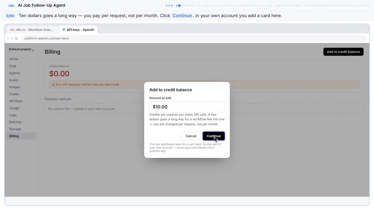 The OpenAI platform billing page in Stepthrough’s practice copy, step 5 of 69 (Ten dollars is plenty): the cursor is on “Continue”, highlighted.