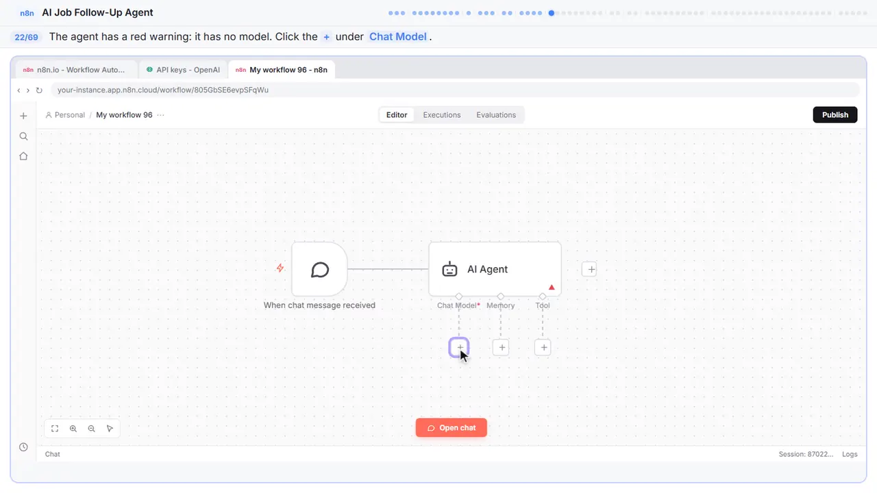 The n8n workflow canvas in Stepthrough’s practice copy, step 22 of 69 (Give the agent a brain): the cursor is on “+”, highlighted.