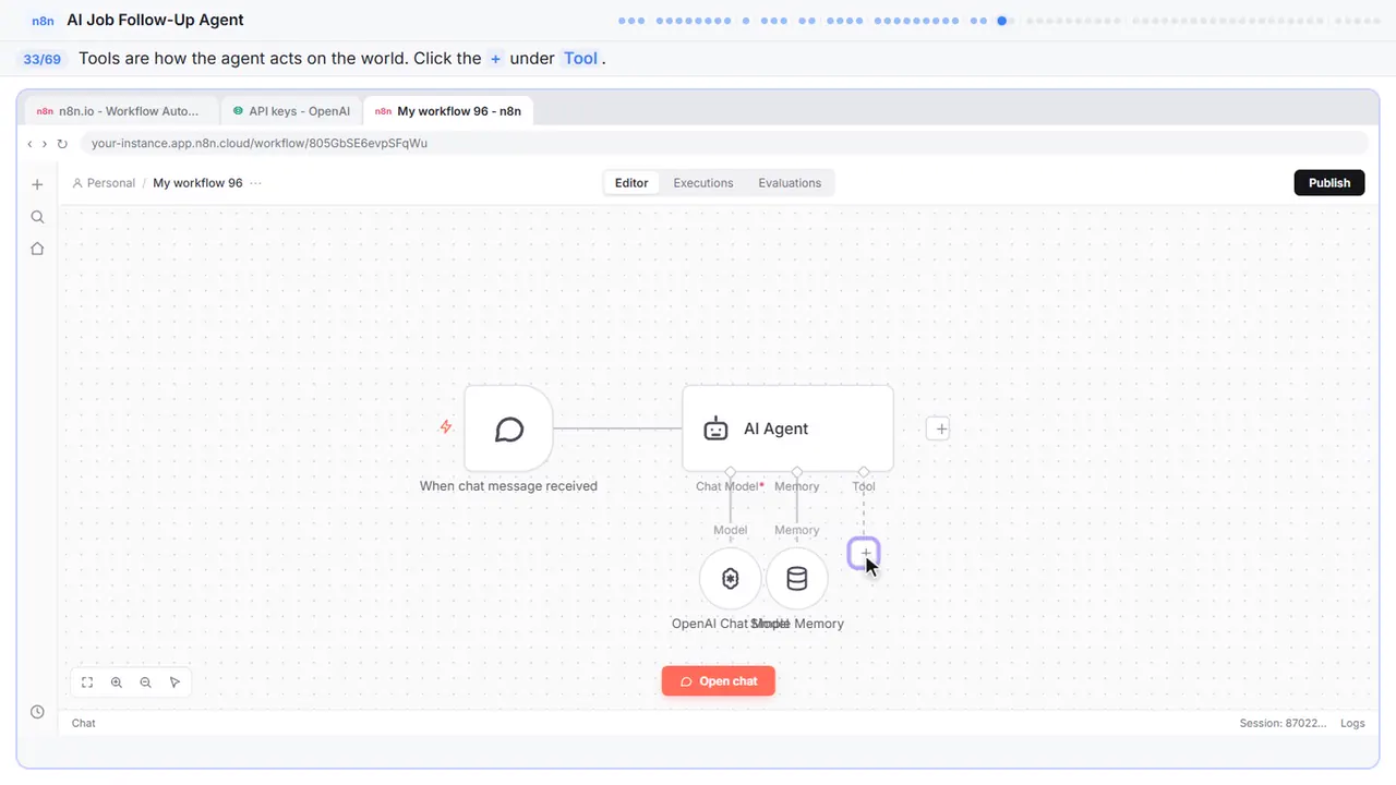 The n8n workflow canvas in Stepthrough’s practice copy, step 33 of 69 (Add a tool): the cursor is on “+”, highlighted.
