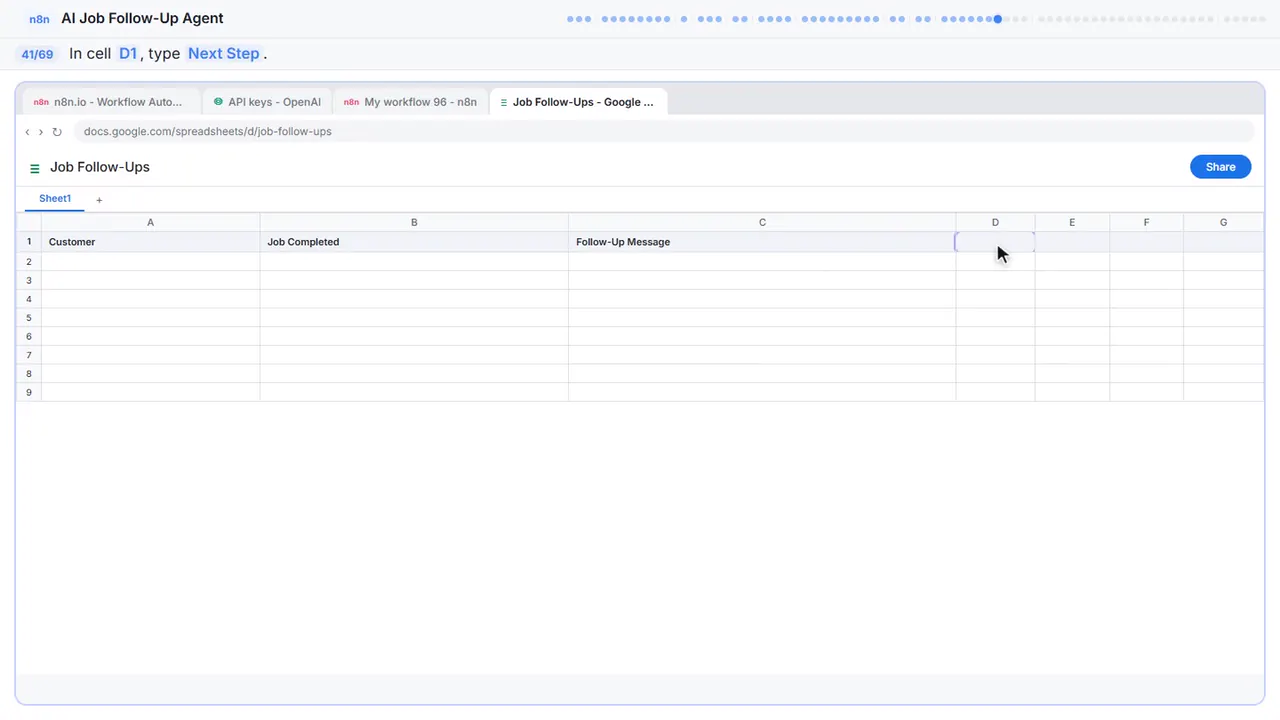 Google Sheets in Stepthrough’s practice copy, step 41 of 69 (Next Step): the cursor is on “D1”, highlighted.