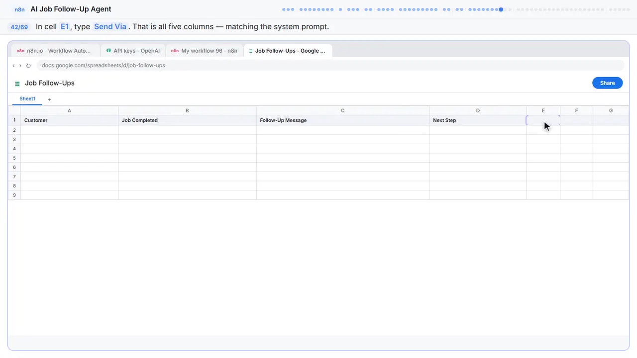 Google Sheets in Stepthrough’s practice copy, step 42 of 69 (Send Via): the cursor is on “E1”, highlighted.