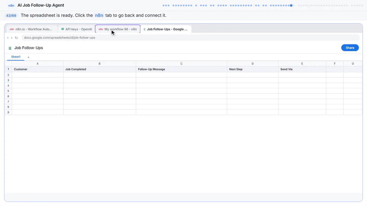 Google Sheets in Stepthrough’s practice copy, step 43 of 69 (Back to n8n): the cursor is on “n8n”, highlighted.