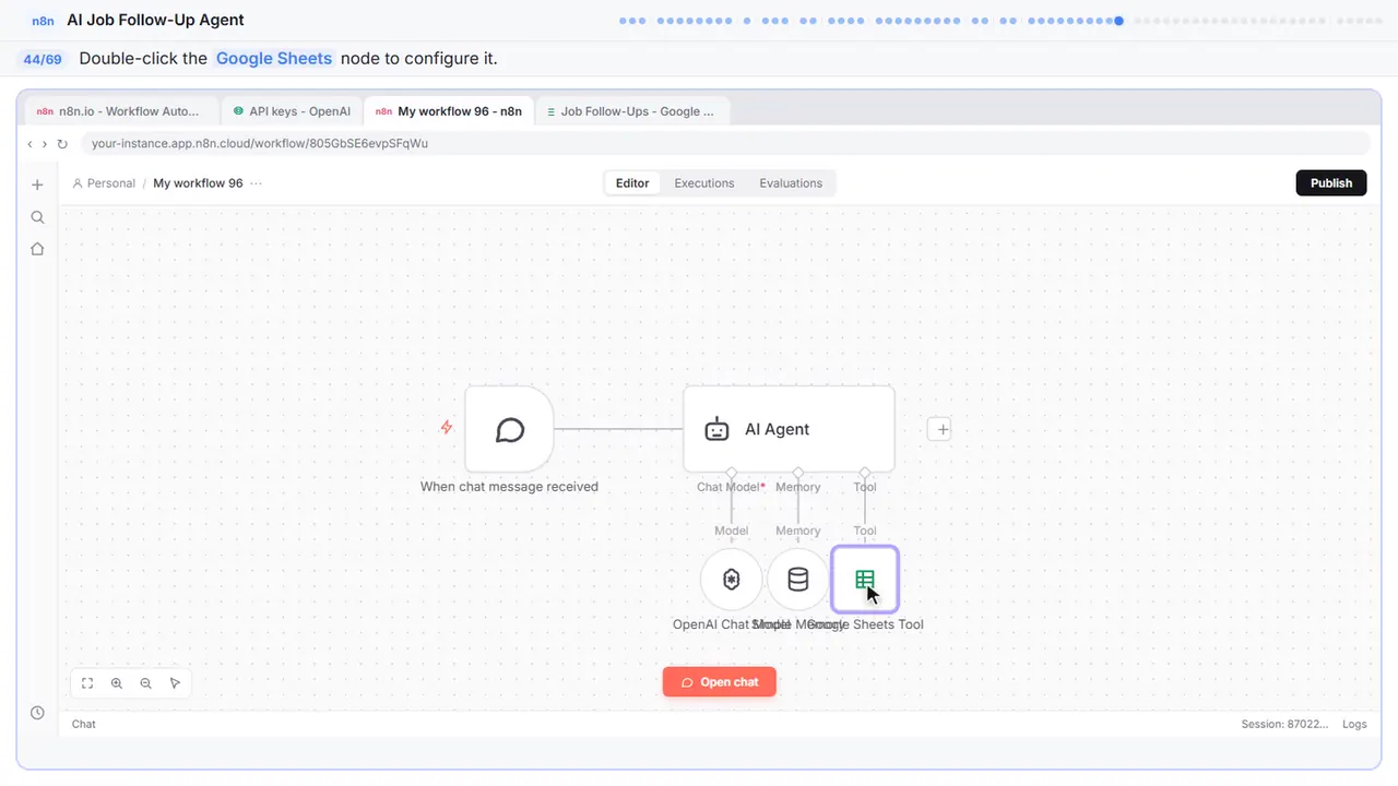 The n8n workflow canvas in Stepthrough’s practice copy, step 44 of 69 (Open the Sheets node): the cursor is on “Google Sheets”, highlighted.