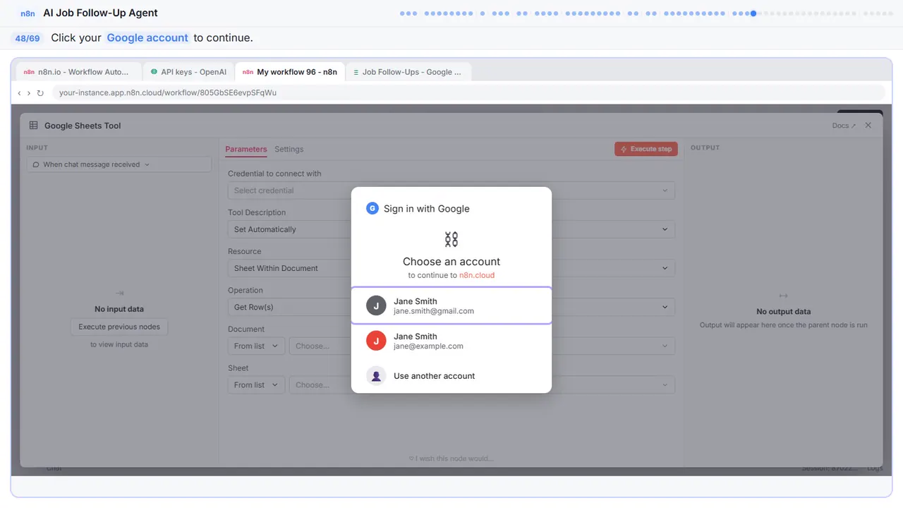 The Google sign-in window in Stepthrough’s practice copy, step 48 of 69 (Choose your account): the cursor is on “Google account”, highlighted.