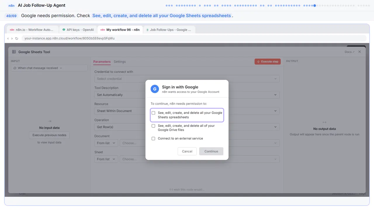 The Google sign-in window in Stepthrough’s practice copy, step 49 of 69 (Allow Sheets access): the cursor is on “See, edit, create, and delete all your Google Sheets…”, highlighted.