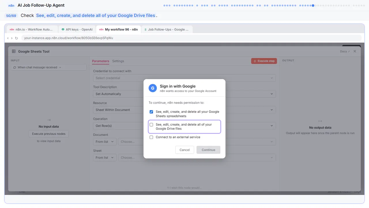 The Google sign-in window in Stepthrough’s practice copy, step 50 of 69 (Allow Drive access): the cursor is on “See, edit, create, and delete all of your Google Drive files”, highlighted.