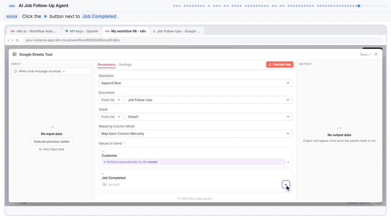 An n8n node’s settings window in Stepthrough’s practice copy, step 60 of 69 (Map the Job Completed column): the cursor is on “✦”, highlighted.