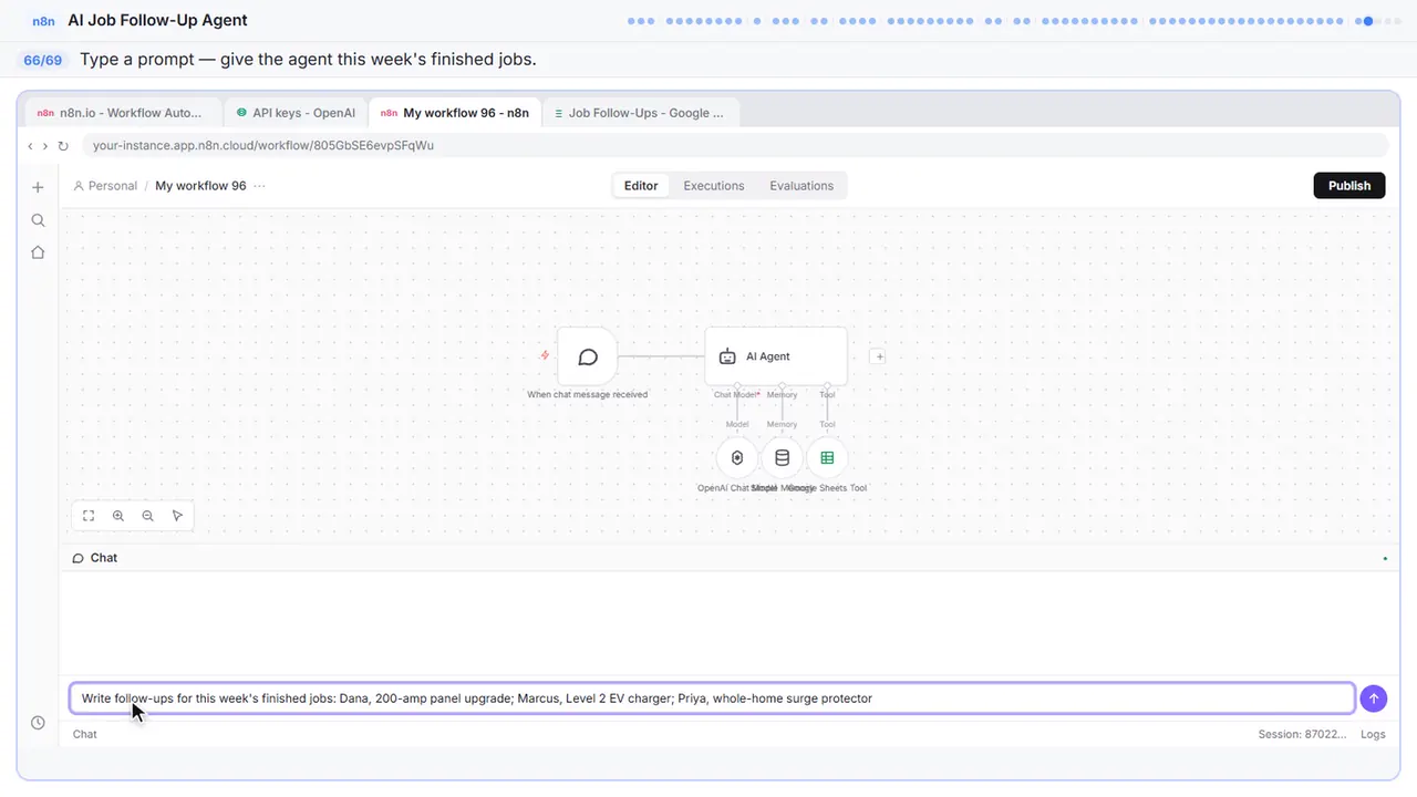 The n8n chat test panel in Stepthrough’s practice copy, step 66 of 69 (Ask for follow-ups): the prompt is filled in (“Write follow-ups for this week's finished…”).