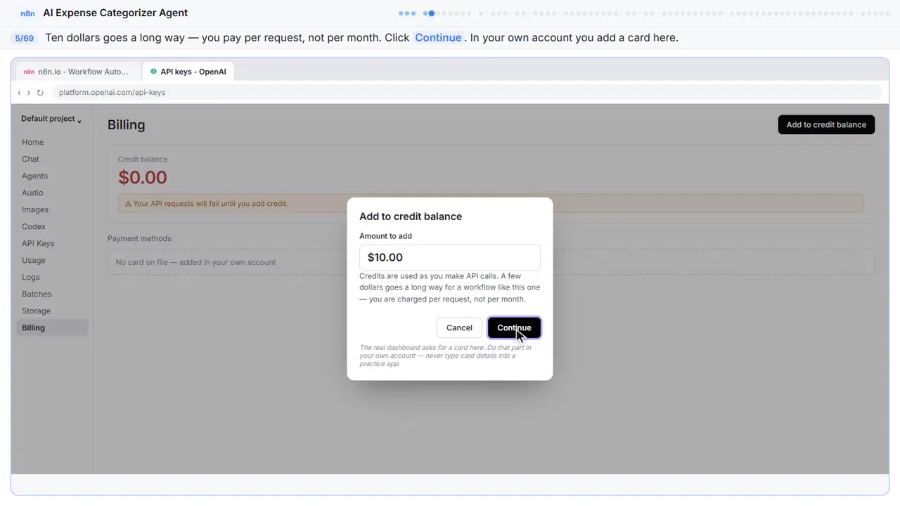 The OpenAI platform billing page in Stepthrough’s practice copy, step 5 of 69 (Ten dollars is plenty): the cursor is on “Continue”, highlighted.