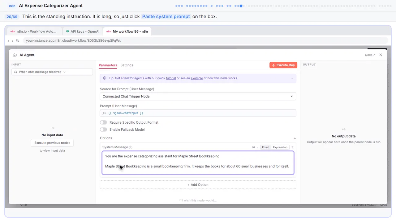 An n8n node’s settings window in Stepthrough’s practice copy, step 20 of 69 (Write the system prompt): the system prompt is filled in (“You are the expense categorizing assistant for…”).