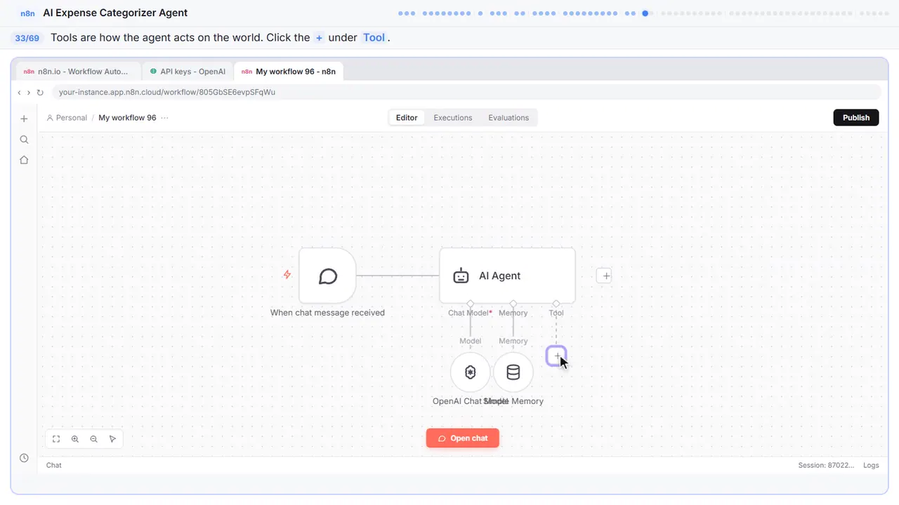 The n8n workflow canvas in Stepthrough’s practice copy, step 33 of 69 (Add a tool): the cursor is on “+”, highlighted.