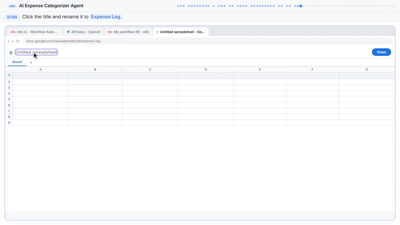 Google Sheets in Stepthrough’s practice copy, step 37 of 69 (Name the spreadsheet): the cursor is on “Expense Log”, highlighted.