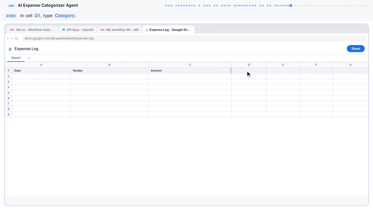 Google Sheets in Stepthrough’s practice copy, step 41 of 69 (Category): the cursor is on “D1”, highlighted.