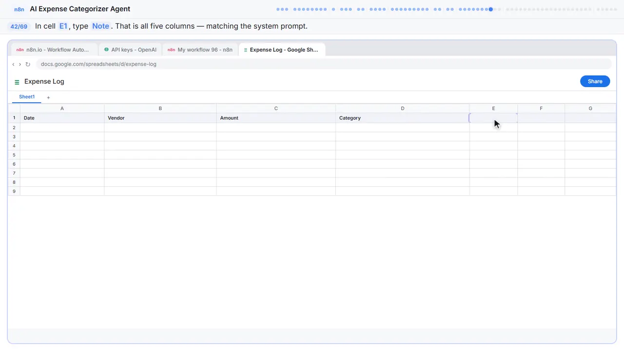 Google Sheets in Stepthrough’s practice copy, step 42 of 69 (Note): the cursor is on “E1”, highlighted.