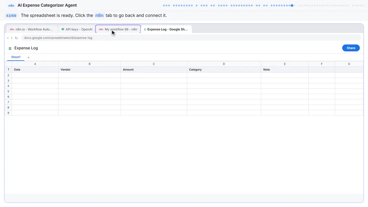 Google Sheets in Stepthrough’s practice copy, step 43 of 69 (Back to n8n): the cursor is on “n8n”, highlighted.