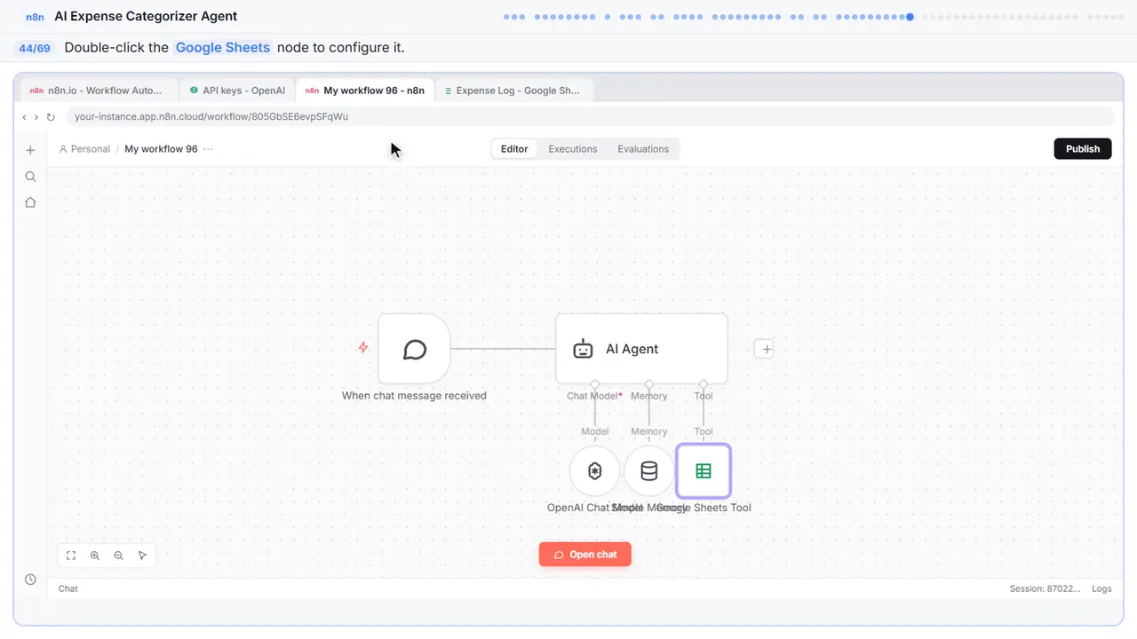 The n8n workflow canvas in Stepthrough’s practice copy, step 44 of 69 (Open the Sheets node): the cursor is on “Google Sheets”, highlighted.