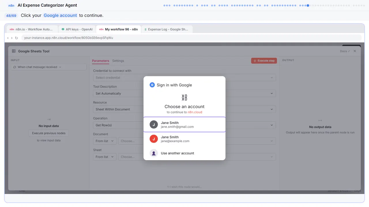 The Google sign-in window in Stepthrough’s practice copy, step 48 of 69 (Choose your account): the cursor is on “Google account”, highlighted.