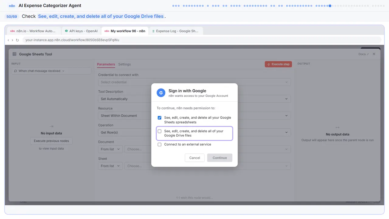 The Google sign-in window in Stepthrough’s practice copy, step 50 of 69 (Allow Drive access): the cursor is on “See, edit, create, and delete all of your Google Drive files”, highlighted.