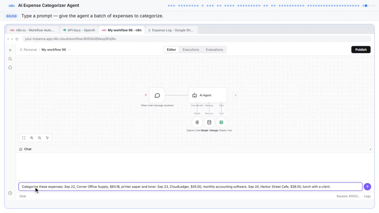 The n8n chat test panel in Stepthrough’s practice copy, step 66 of 69 (Send some expenses): the prompt is filled in (“Categorize these expenses: Sep 22, Corner…”).