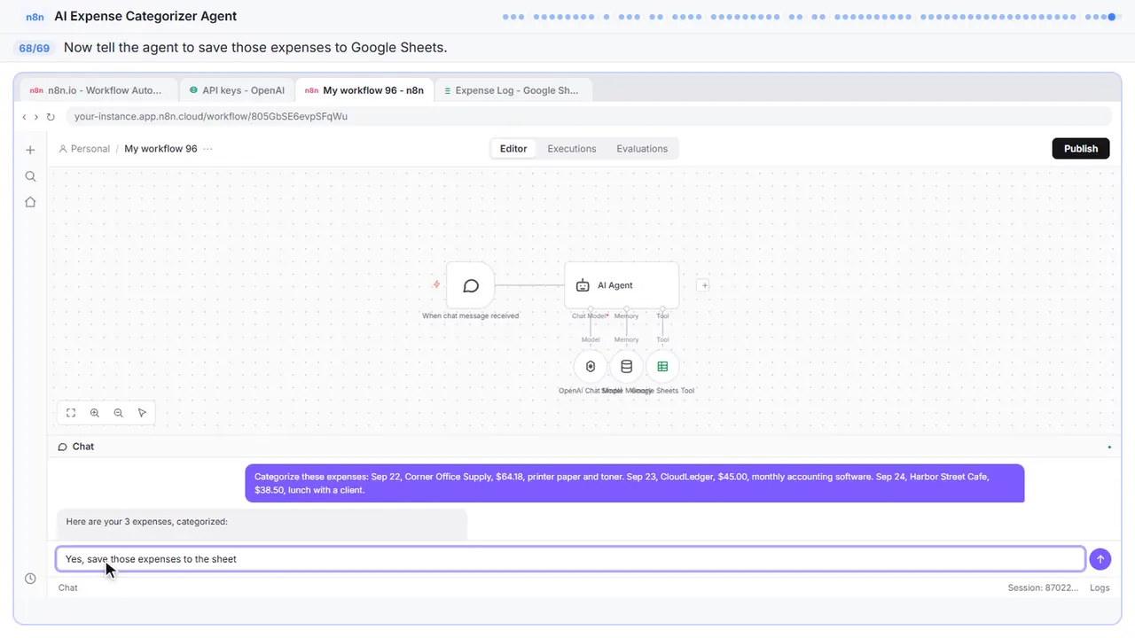 The n8n chat test panel in Stepthrough’s practice copy, step 68 of 69 (Save to the sheet): the prompt is filled in (“Yes, save those expenses to the sheet”).