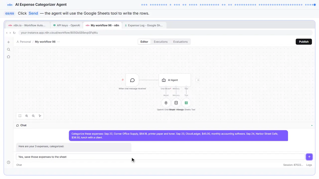 The n8n chat test panel in Stepthrough’s practice copy, step 69 of 69 (Send it): the cursor is on “Send”, highlighted.
