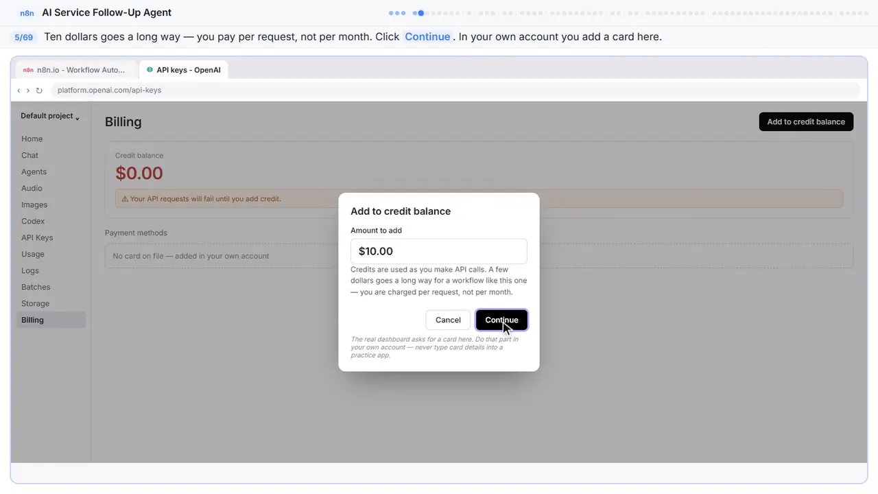 The OpenAI platform billing page in Stepthrough’s practice copy, step 5 of 69 (Ten dollars is plenty): the cursor is on “Continue”, highlighted.