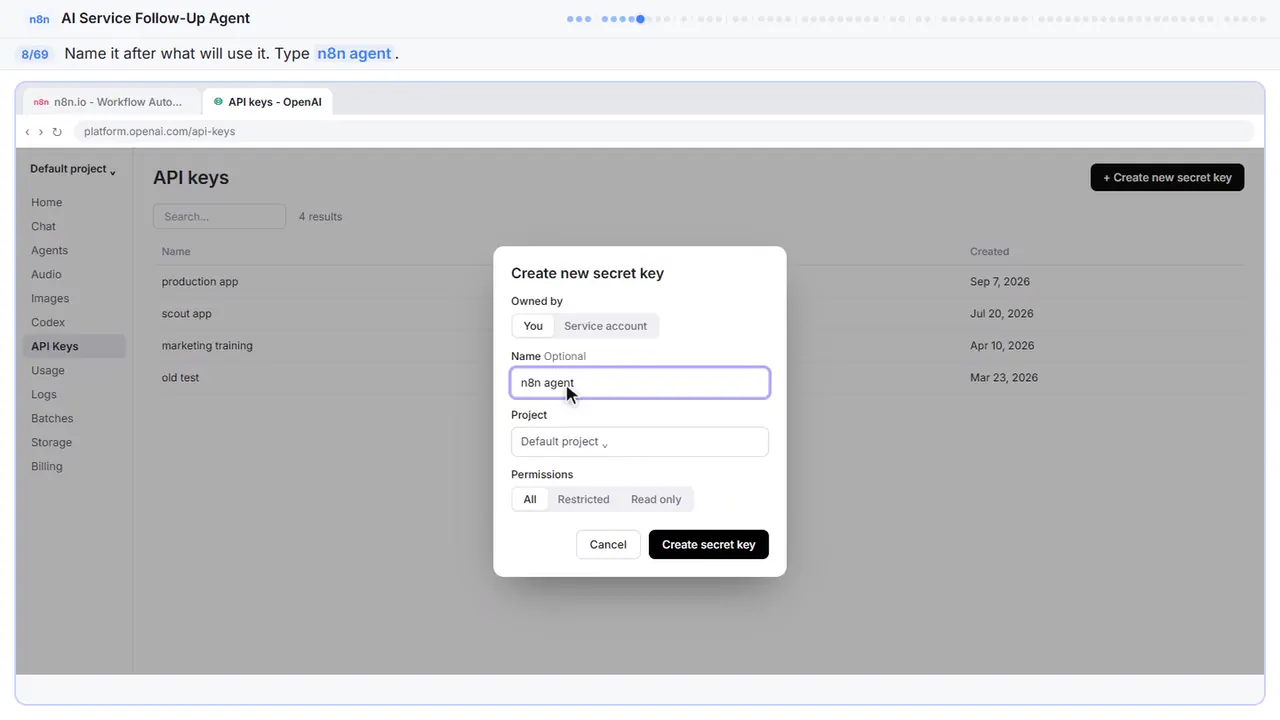 The OpenAI API keys page in Stepthrough’s practice copy, step 8 of 69 (Name the key): the n8n agent is filled in (“n8n agent”).