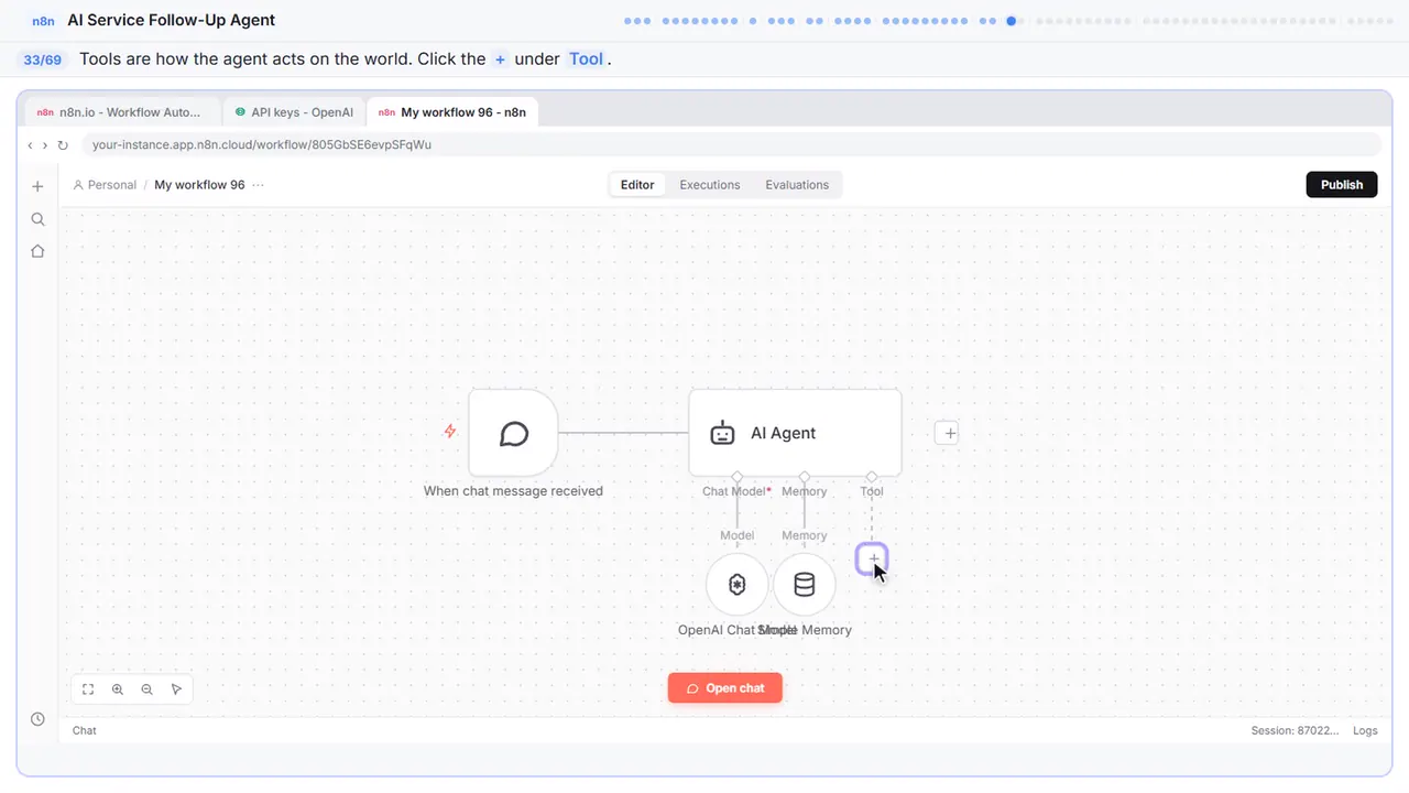 The n8n workflow canvas in Stepthrough’s practice copy, step 33 of 69 (Add a tool): the cursor is on “+”, highlighted.