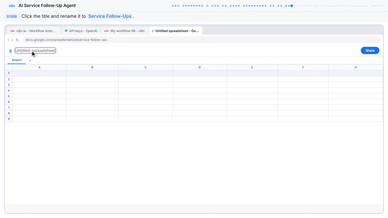 Google Sheets in Stepthrough’s practice copy, step 37 of 69 (Name the spreadsheet): the cursor is on “Service Follow-Ups”, highlighted.
