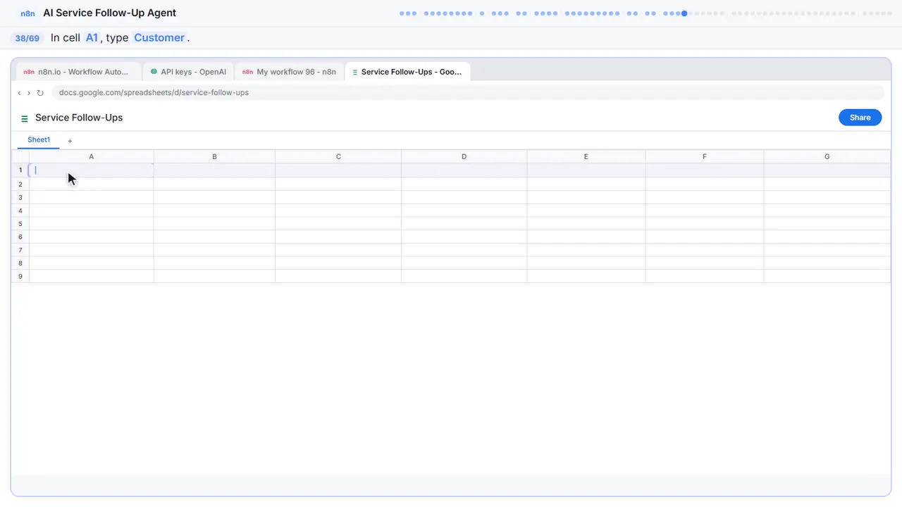Google Sheets in Stepthrough’s practice copy, step 38 of 69 (Type the first column header): the cursor is on “A1”, highlighted.