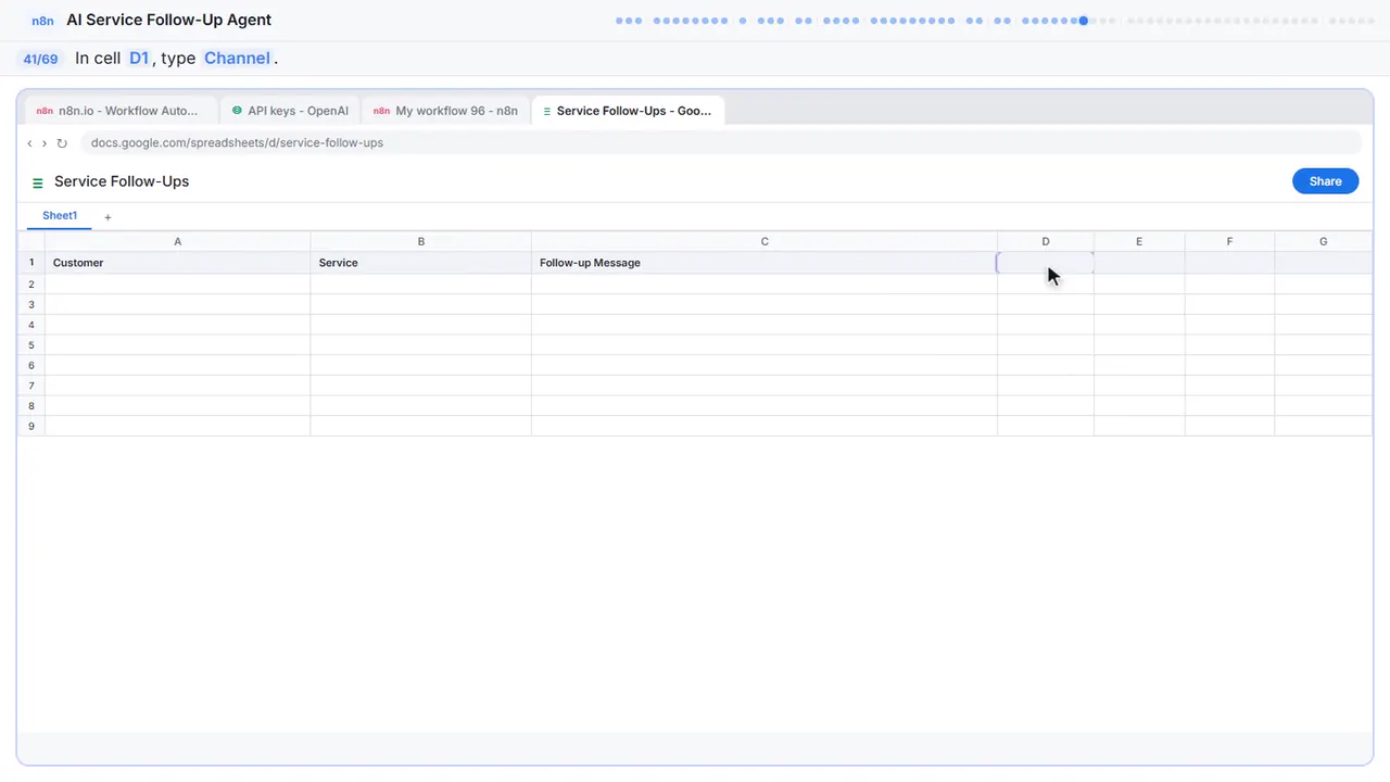 Google Sheets in Stepthrough’s practice copy, step 41 of 69 (Channel): the cursor is on “D1”, highlighted.