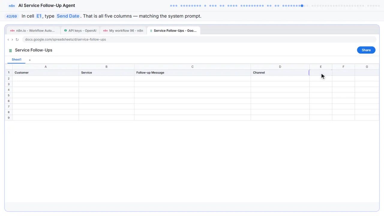 Google Sheets in Stepthrough’s practice copy, step 42 of 69 (Send Date): the cursor is on “E1”, highlighted.
