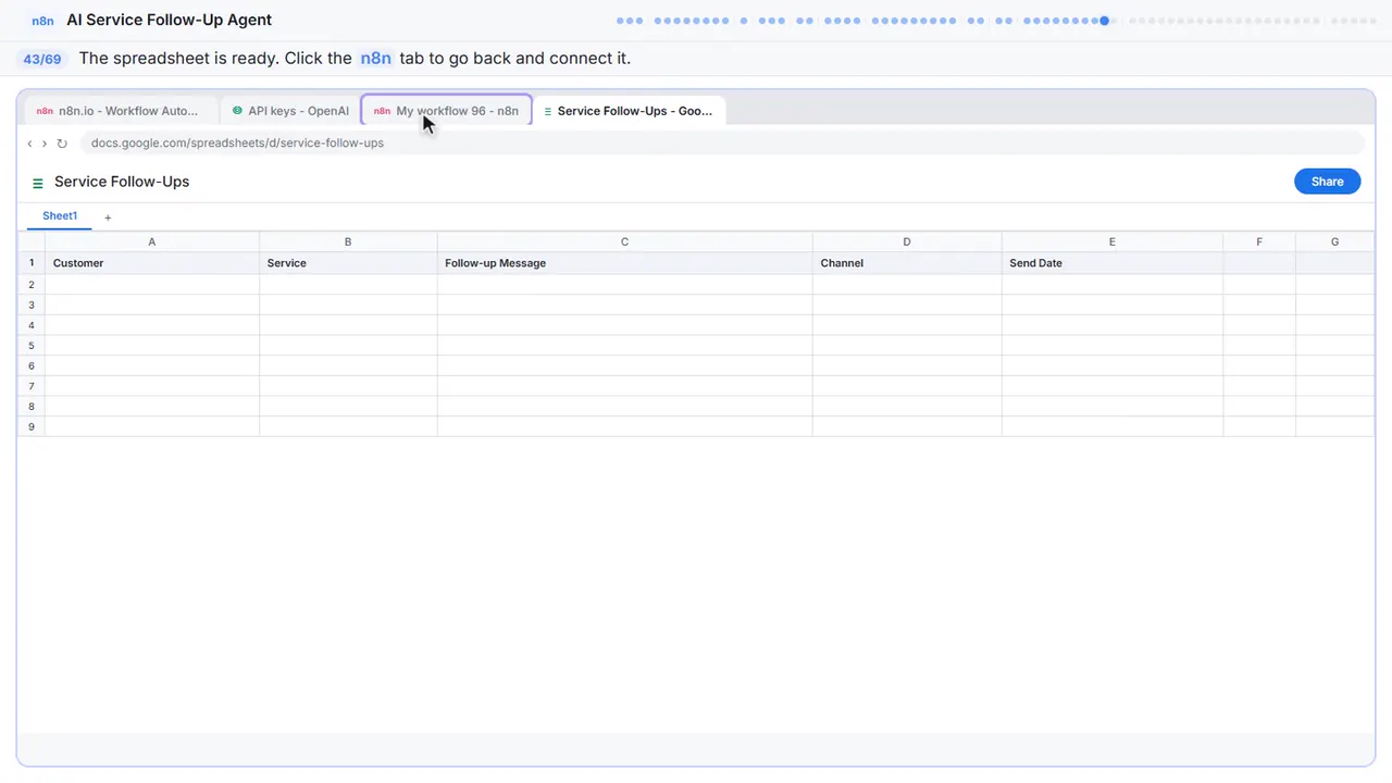 Google Sheets in Stepthrough’s practice copy, step 43 of 69 (Back to n8n): the cursor is on “n8n”, highlighted.