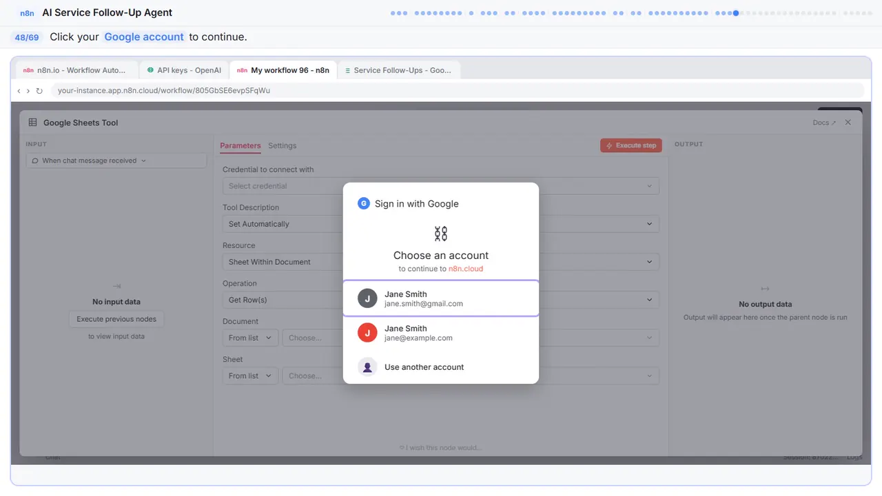 The Google sign-in window in Stepthrough’s practice copy, step 48 of 69 (Choose your account): the cursor is on “Google account”, highlighted.