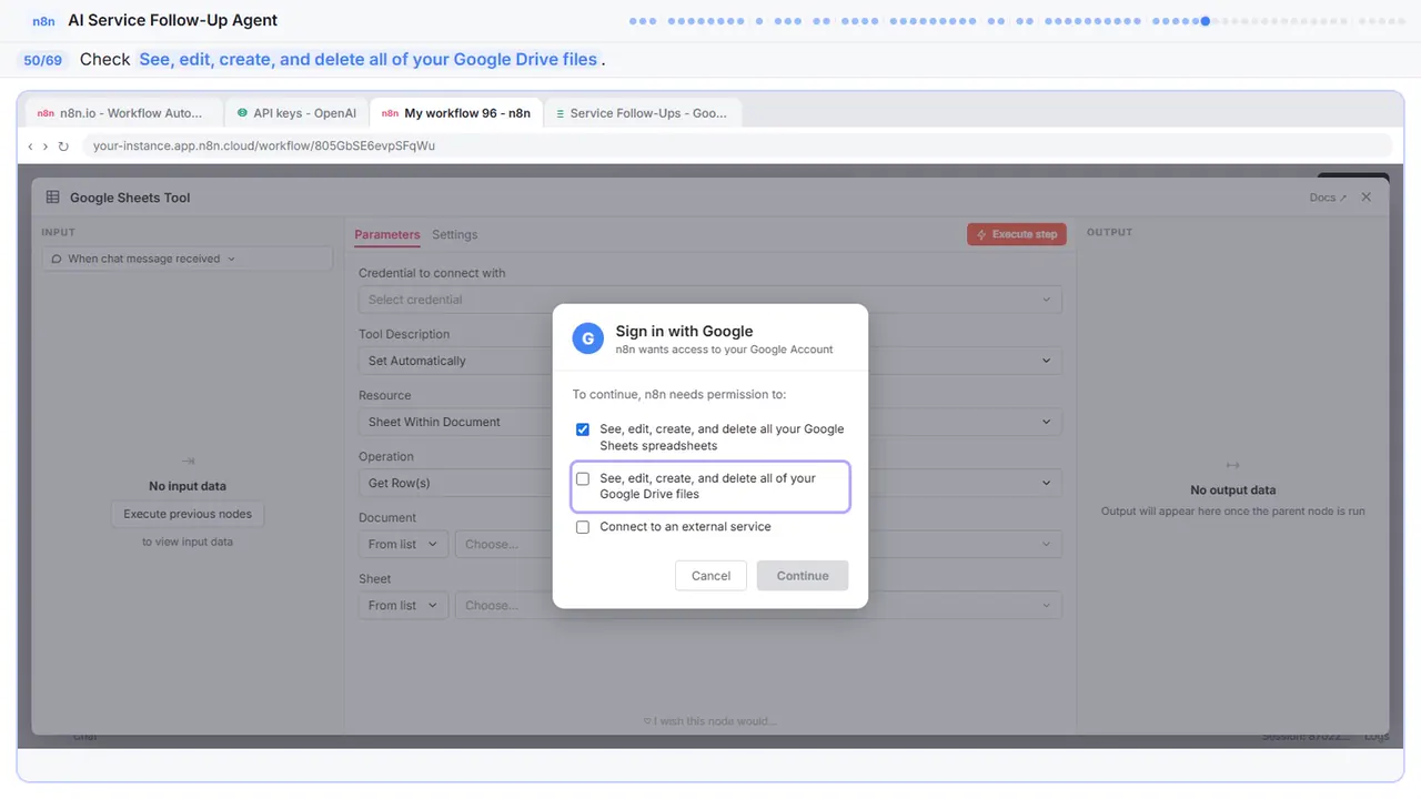 The Google sign-in window in Stepthrough’s practice copy, step 50 of 69 (Allow Drive access): the cursor is on “See, edit, create, and delete all of your Google Drive files”, highlighted.