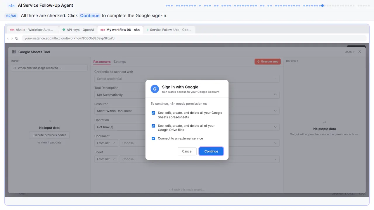 The Google sign-in window in Stepthrough’s practice copy, step 52 of 69 (Sign in): the cursor is on “Continue”, highlighted.