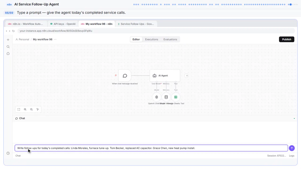 The n8n chat test panel in Stepthrough’s practice copy, step 66 of 69 (Ask for follow-ups): the prompt is filled in (“Write follow-ups for today's completed calls:…”).