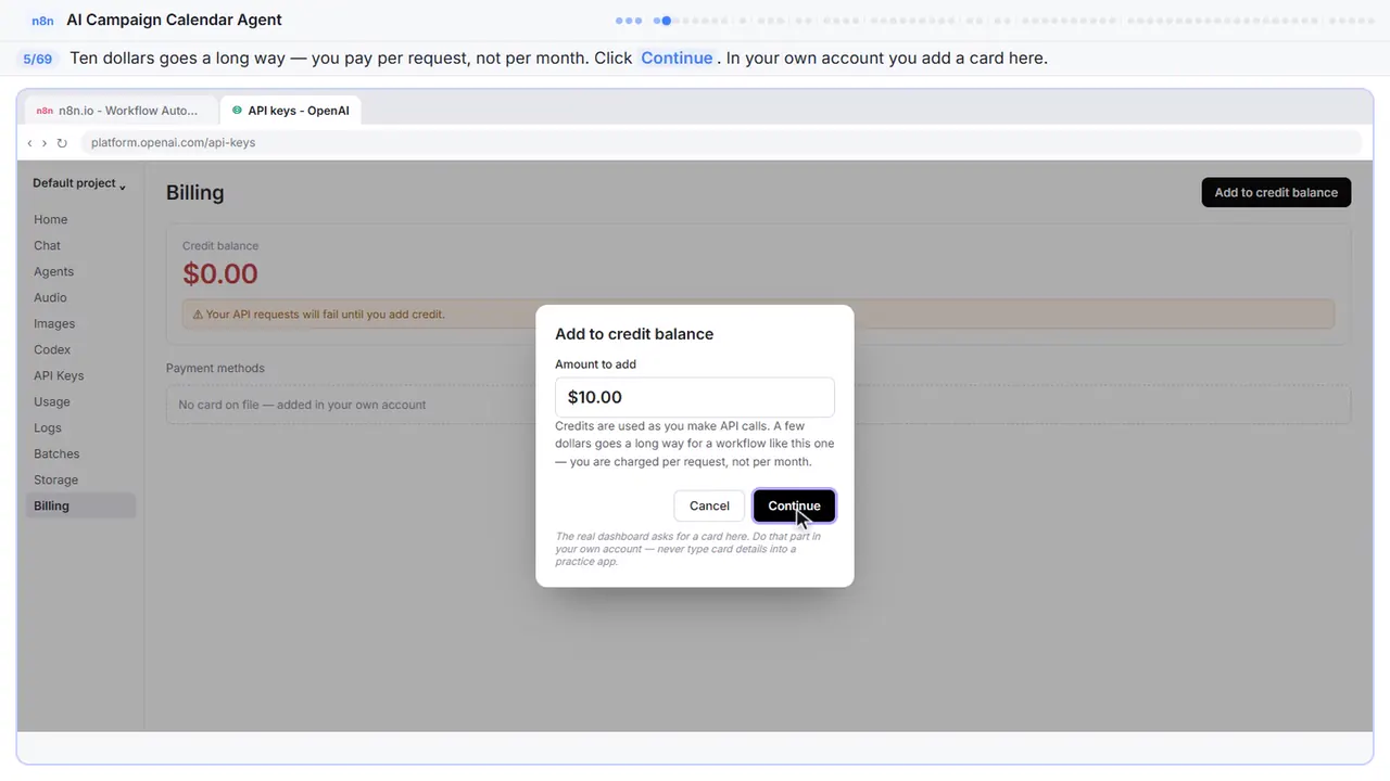 The OpenAI platform billing page in Stepthrough’s practice copy, step 5 of 69 (Ten dollars is plenty): the cursor is on “Continue”, highlighted.